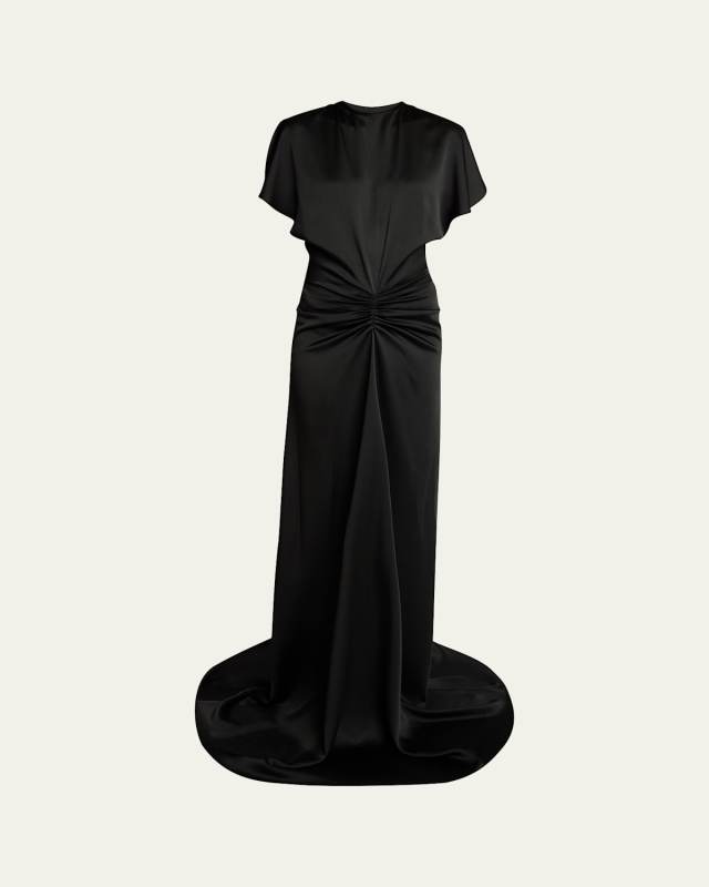 Gathered-Waist Backless Satin Gown